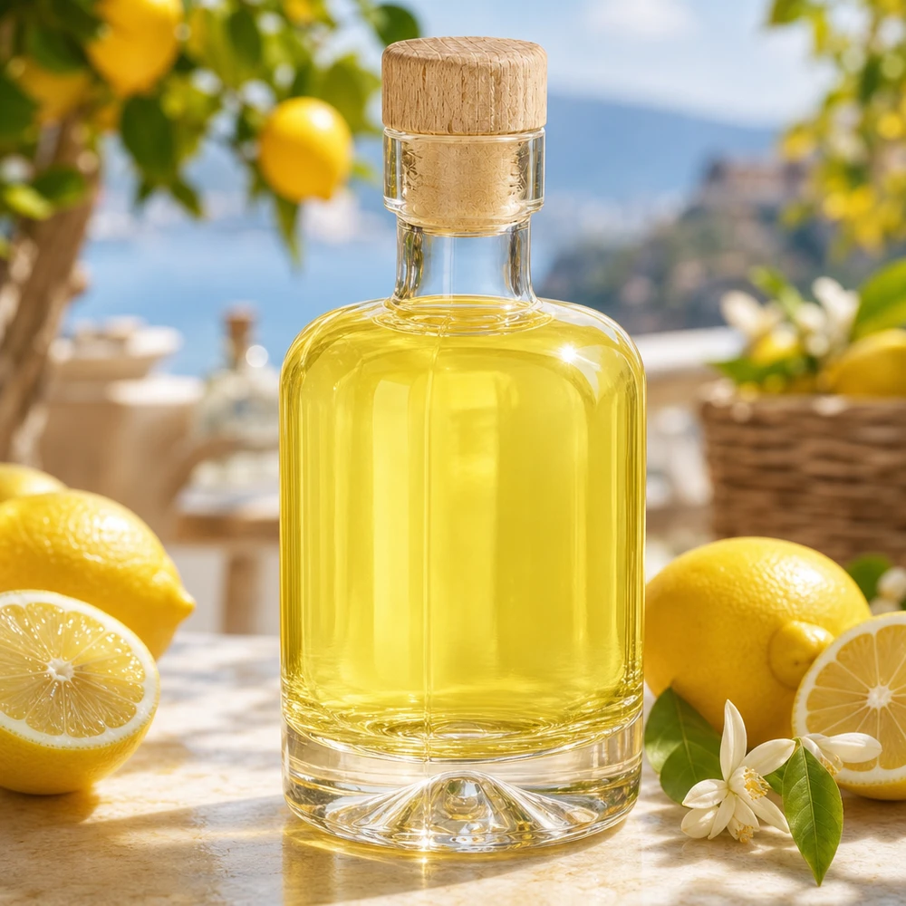 Bottiglia di vetro da 50 ml di Amelie riempita di liquore giallo tra limoni e fiori decorati in stile mediterraneo