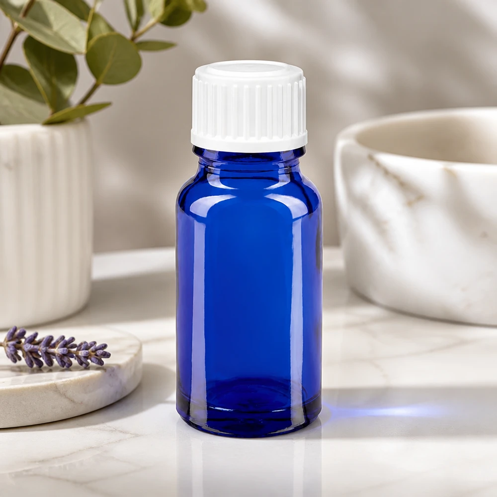 Flacone da farmacia da 10 ml in vetro blu con tappo standard bianco da 11 mm per applicazioni di laboratorio