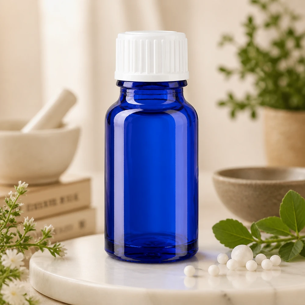 Flacone da farmacia blu cobalto da 10 ml con tappo a vite bianco da 11 mm, accanto a globuli omeopatici ed erbe medicinali