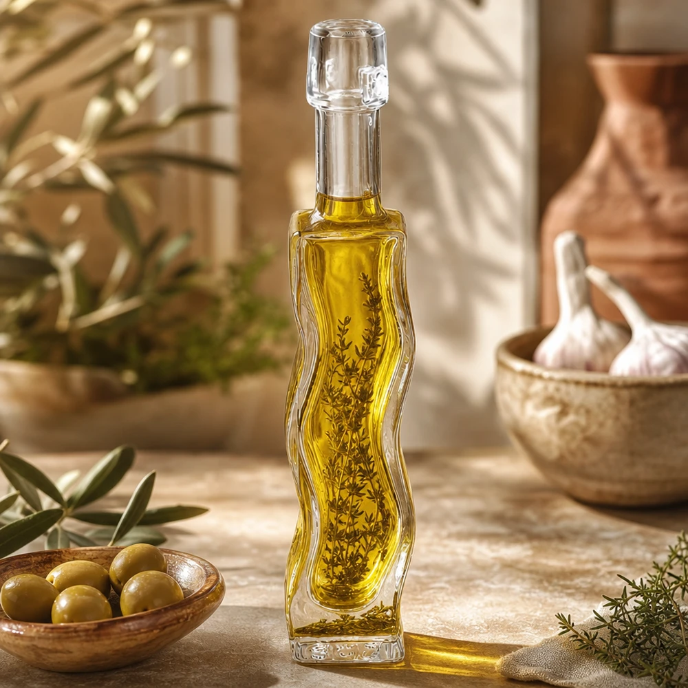 Flacone in vetro da 40 ml Fila senza tappo UNiTWIST® Bottiglia di vetro da 40 ml Anna riempita con olio d'oliva ed erbe aromatiche Esempio di utilizzo Cucina Decorazione mediterranea