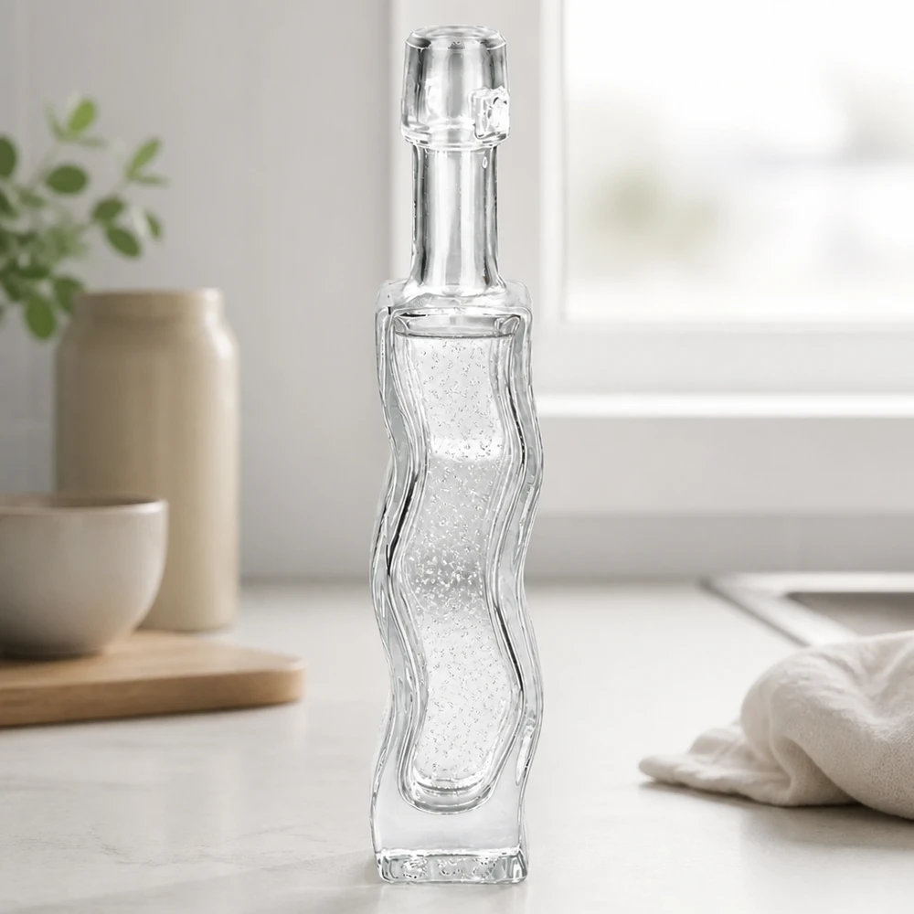 Flacone in vetro da 40 ml Fila senza tappo UNiTWIST® Bottiglia di vetro da 40 ml Anna con motivo a rilievo ondulato senza tappo a battente trasparente vuoto ambiente bagno vista laterale
