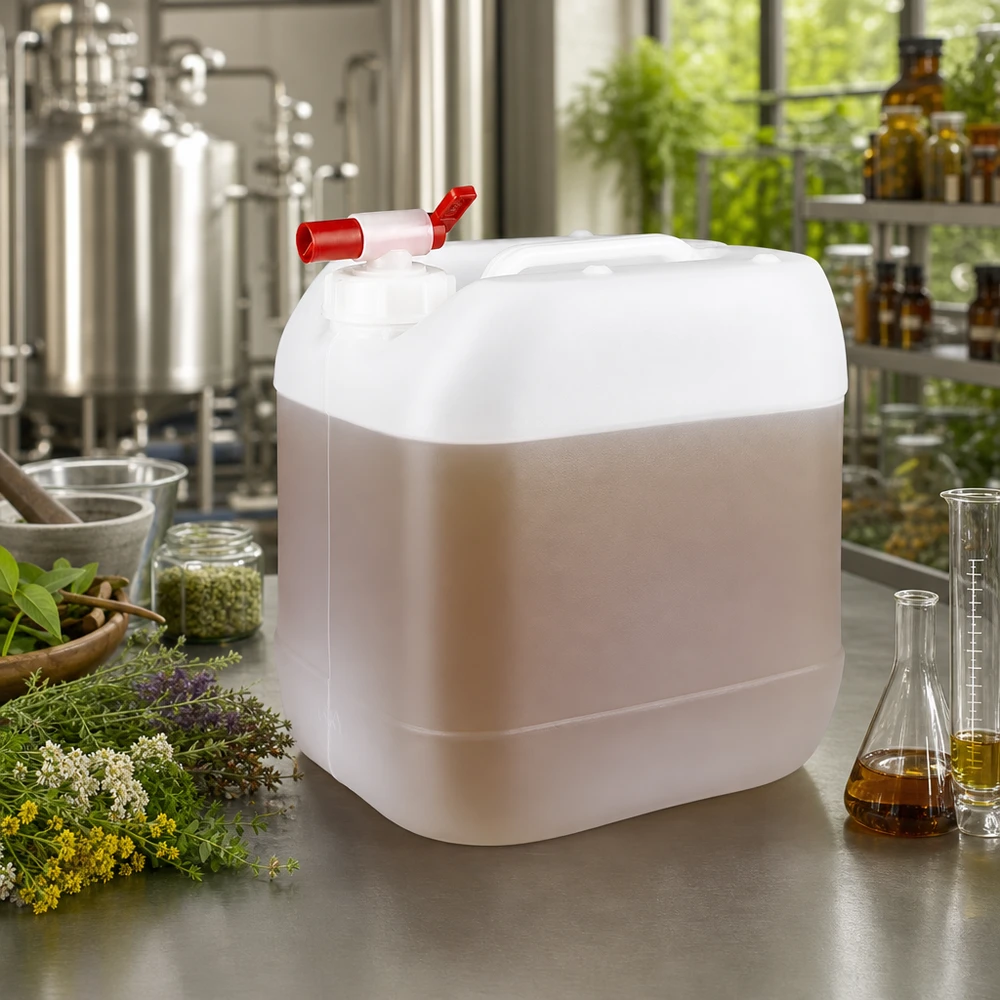 Tanica in plastica traslucida da 15 litri con rubinetto di scarico rosso accanto a erbe aromatiche fresche e matracci di Erlenmeyer