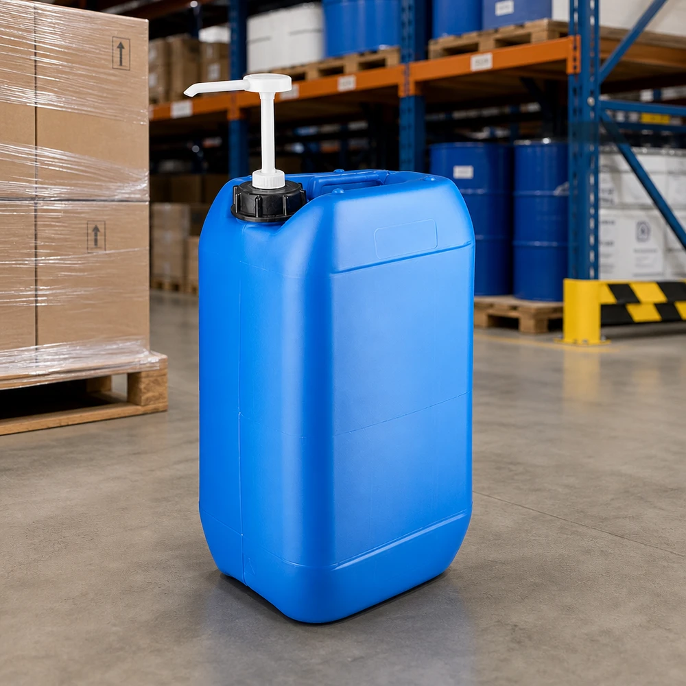 Tanica 15 litri blu con pompa dosatrice Robusto contenitore blu in HDPE da 15 litri con beccuccio e pompa dosatrice, disponibile in magazzino