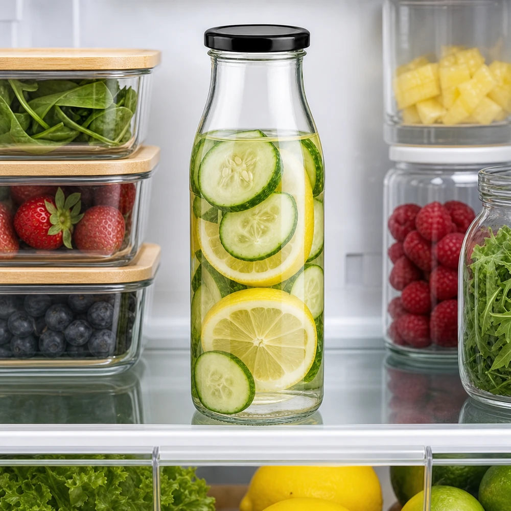 Bottiglia di vetro da 500 ml di acqua al cetriolo e limone in frigorifero tra frutta e verdura fresca
