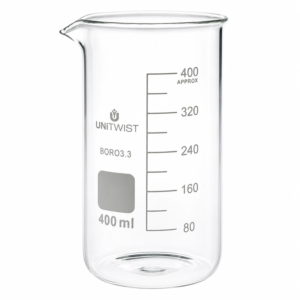 Bicchiere da laboratorio da 400 ml, modello alto, in vetro borosilicato 3.3 con scala graduata in millilitri di UNITWIST