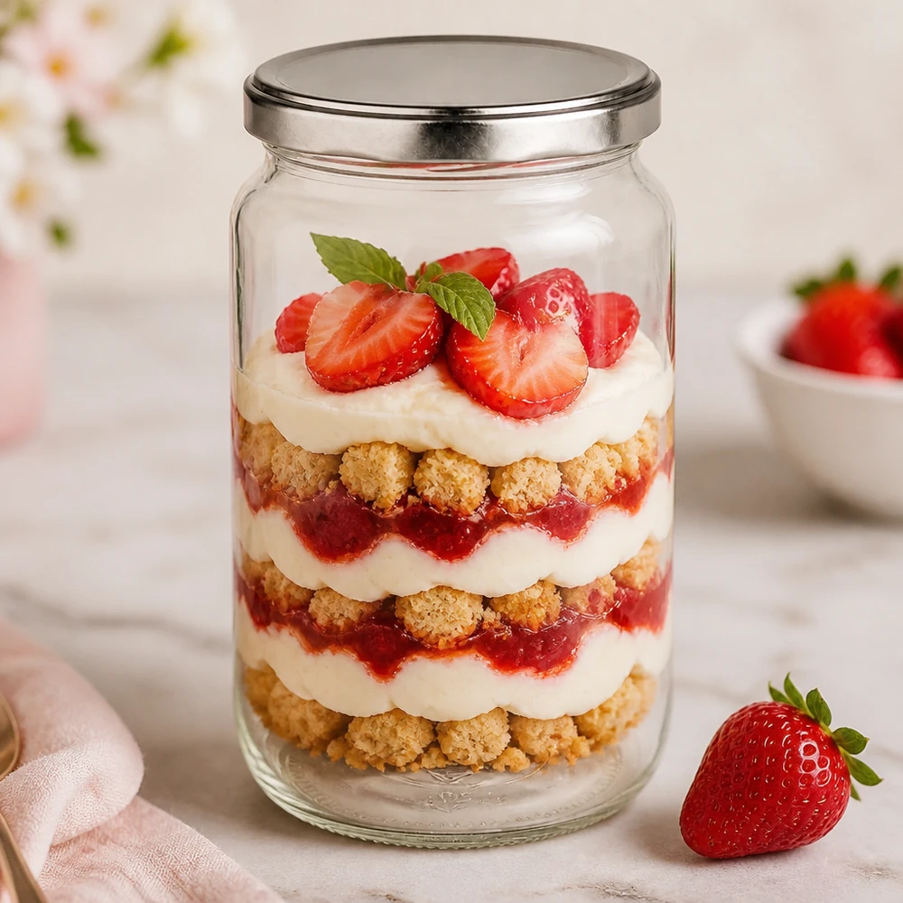Barattolo rotondo da 795 ml con coperchio BasicSeal argento UN... Vasetto rotondo da 795 ml con coperchio BasicSeal come vasetto da dessert per trifle alla fragola con panna e briciole di biscotto