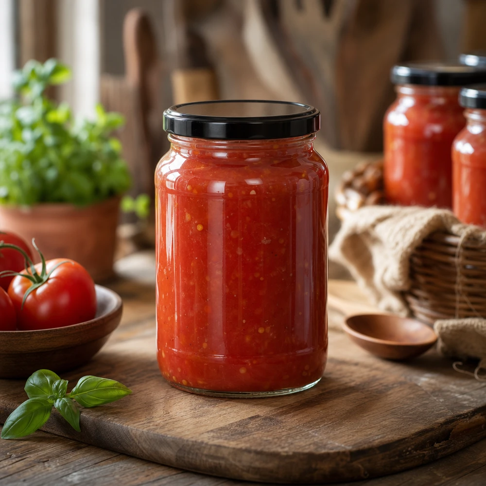Barattolo rotondo da 1700 ml con coperchio BasicSeal nero UNiTWIST. Salsa di pomodoro in vaso rotondo 1700ml nero BasicSeal coperchio tavola di legno cucina atmosfera rustica vaso di conservazione