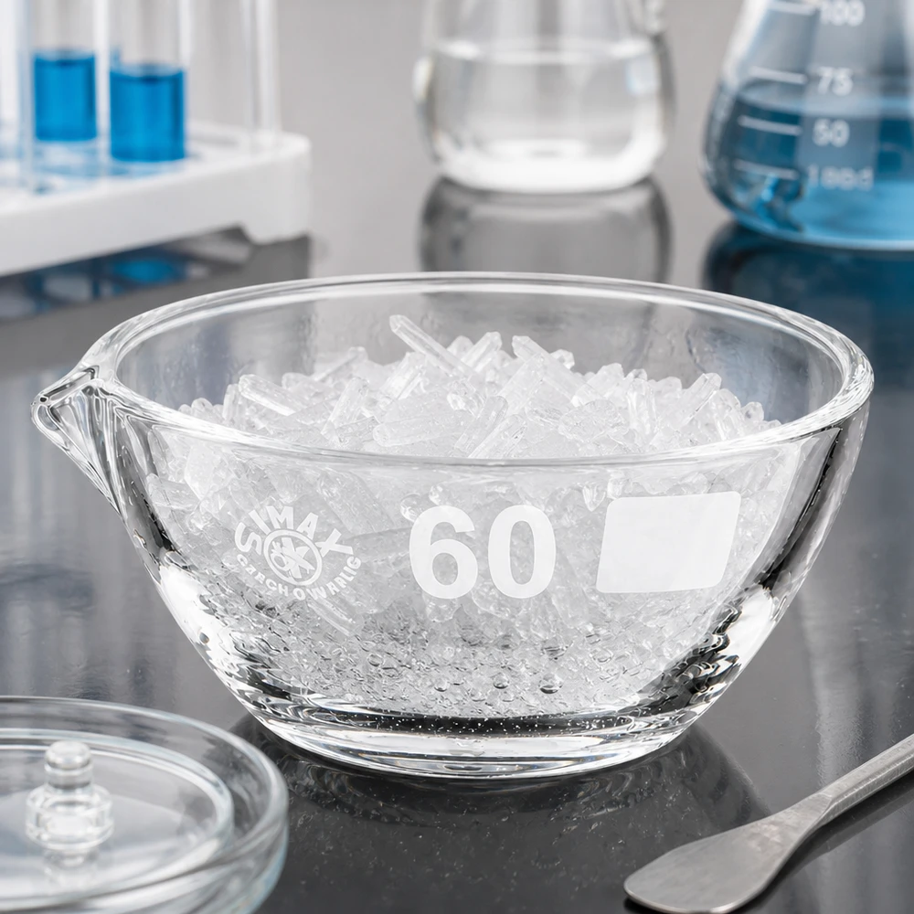 Piatto di evaporazione da 45ml con beccuccio in borosilicato ø60mm Piatto di evaporazione professionale in borosilicato 45ml con beccuccio ergonomico ø60mm