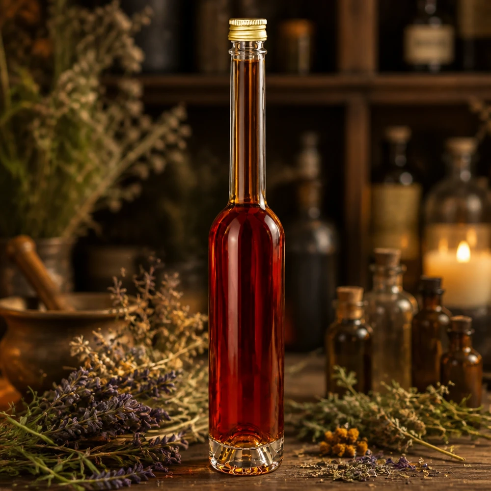 Bottiglia di vetro da 100 ml Toni riempita con liquido rosso in un ambiente di erbe - tappo dorato UNiTWIST