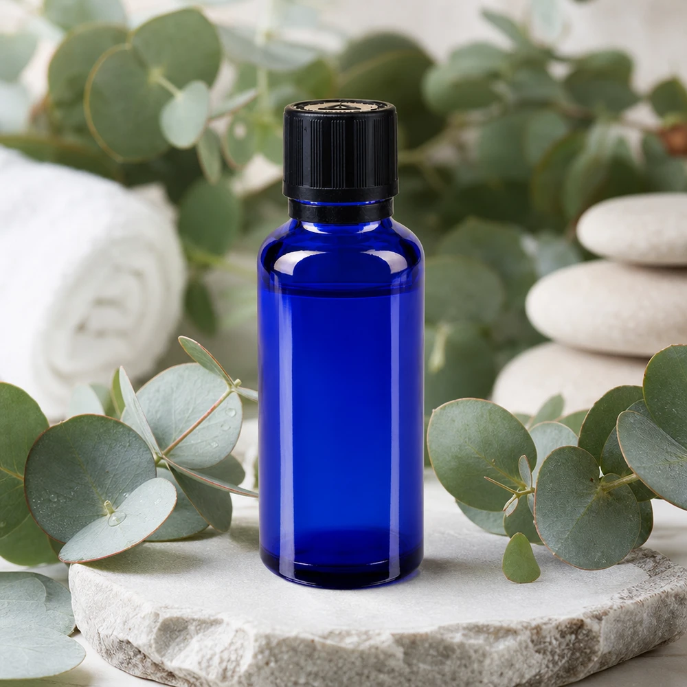 Flacone da farmacia da 30 ml blu cobalto con tappo KiSi nero su pietra naturale con eucalipto