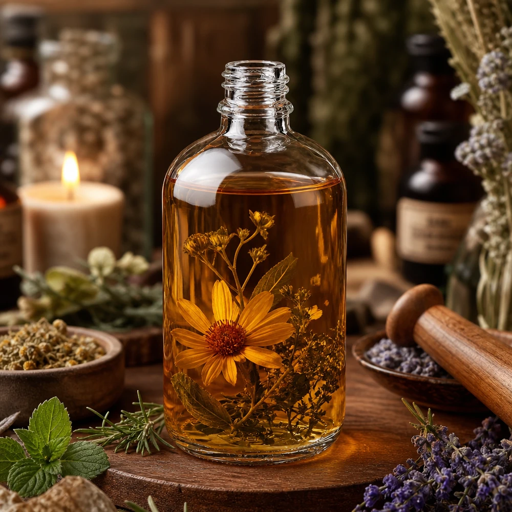 Flacone da farmacia ApoGlas da 100 ml con contenuto ambrato ed erbe essiccate per la naturopatia