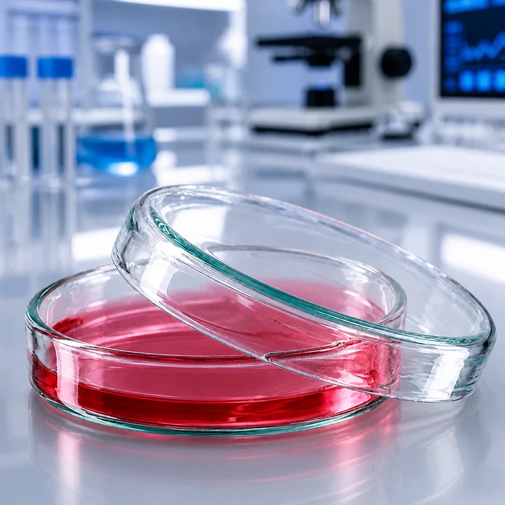 Piastra Petri 60x15 in vetro Petrari in vetro da 60x15 mm con liquido di coltura cellulare rosso in un moderno laboratorio di ricerca