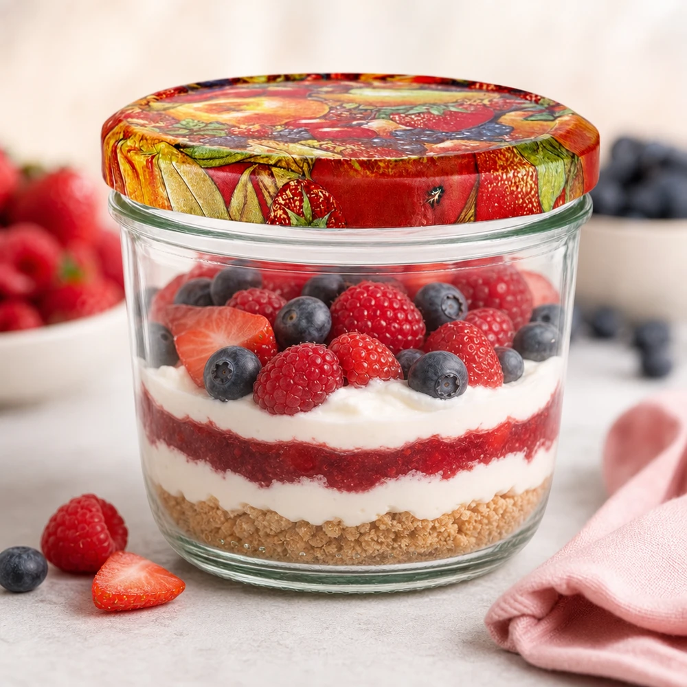 Bicchieri da 230 ml + coperchio BasicSeal con decorazione di frutta UN.. Bicchieri da 230 ml con coperchio BasicSeal con decoro di frutta, riempiti con un dessert a strati di frutti di bosco, crema e base di biscotto.