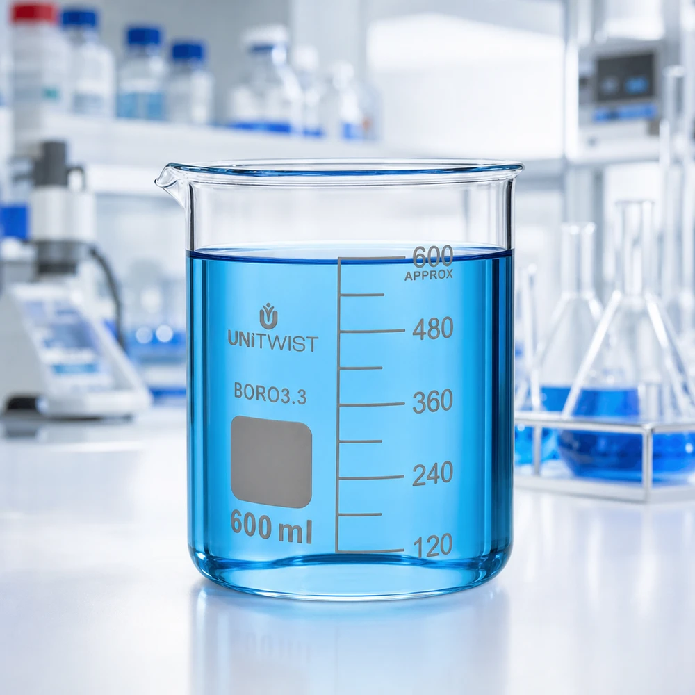 Bicchiere da laboratorio UNiTWIST da 600 ml in vetro borosilicato, riempito in laboratorio con un liquido blu fino a 480 ml