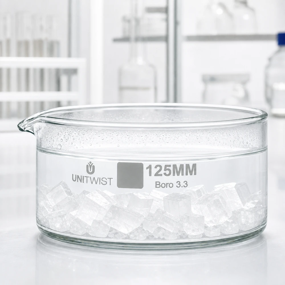 Piatto per cristallizzazione ø125mm in vetro borosilicato UNiTWIST Vaschetta di cristallizzazione da 125 mm in vetro borosilicato, riempita di cubetti di ghiaccio, per uso di laboratorio UNiTWIST