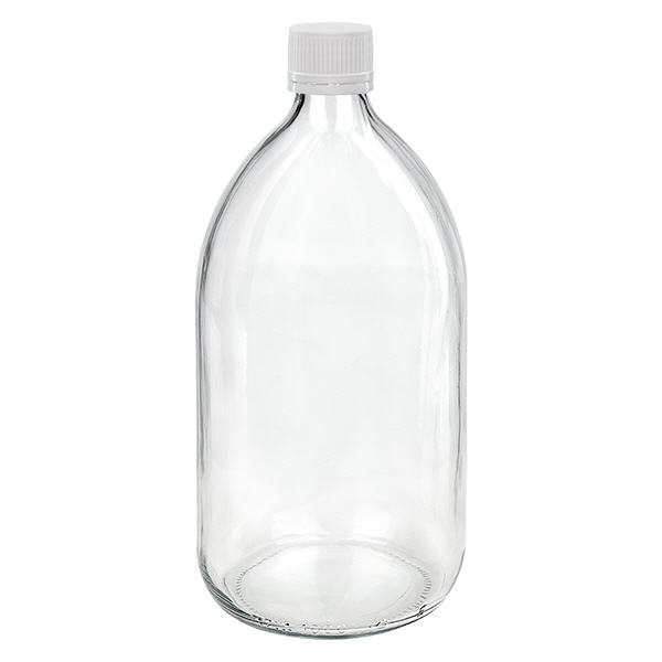 Flacone per medicinali da 1000ml trasparente, tappo bianco/fine con tappo originale Flacone per medicinali da 1000ml trasparente, tappo bianco/fine con tappo originale