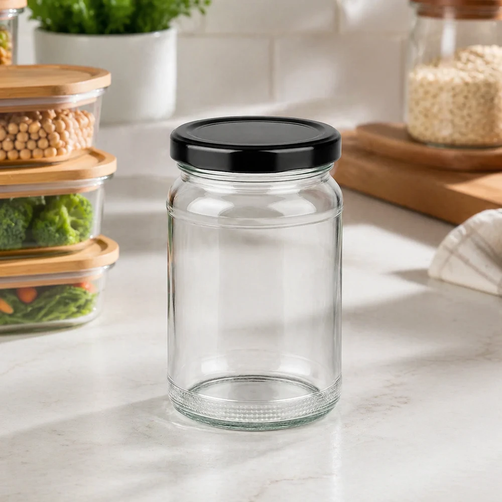 UNiTWIST Runda110 con coperchio nero. Coperchio TO48 BasicSeal Bicchiere rotondo UNiTWIST 110ml in cucina moderna su piano di lavoro con vasi di stoccaggio sullo sfondo