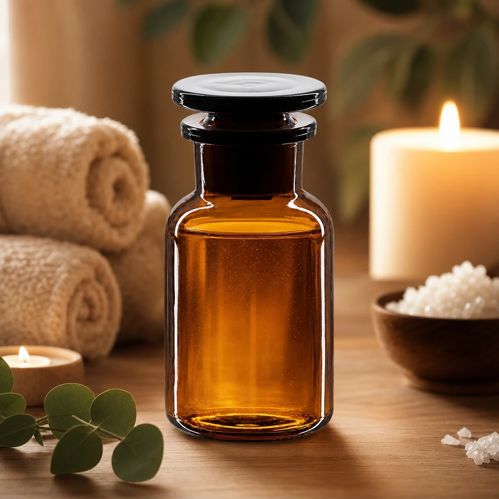 Flacone per aromaterapia da 100 ml in vetro ambrato a collo largo con tappo in vetro per oli essenziali
