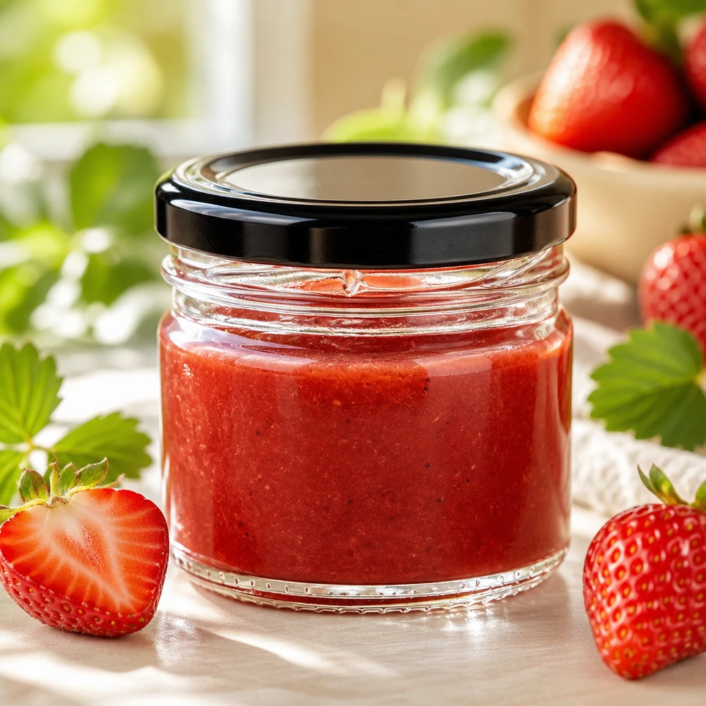 Vaso di vetro rotondo UniTwist da 33 ml con coperchio nero, ideale per marmellate, creme spalmabili e regali fatti in casa