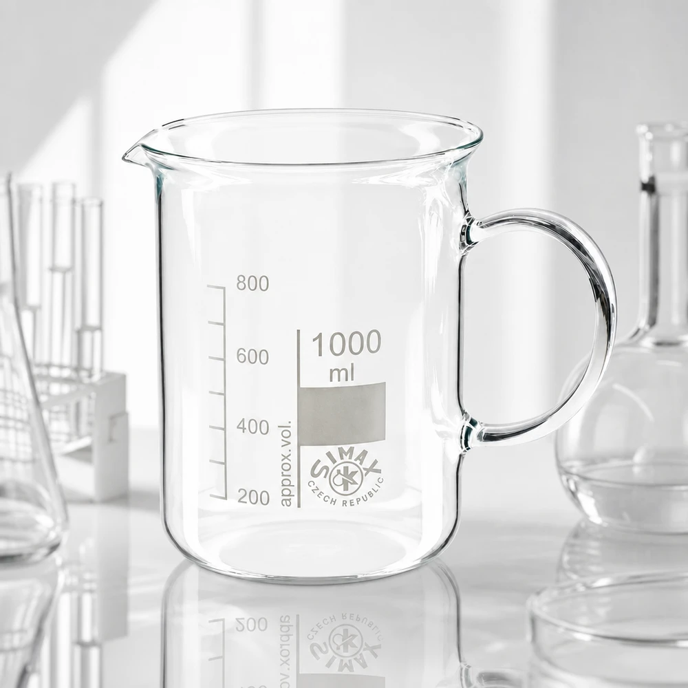 Bicchiere di vetro vuoto da 1000 ml con manico e beccuccio su sfondo bianco