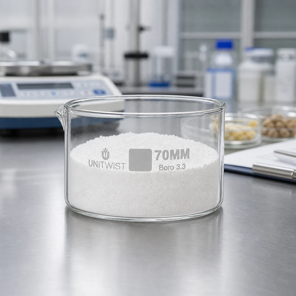 Piatto per cristallizzazione ø70mm in vetro borosilicato UNiTWIST Vaschetta di cristallizzazione UNiTWIST da 70 mm in Boro 3.3, riempita di polvere bianca, su un tavolo da laboratorio in acciaio inossidabile