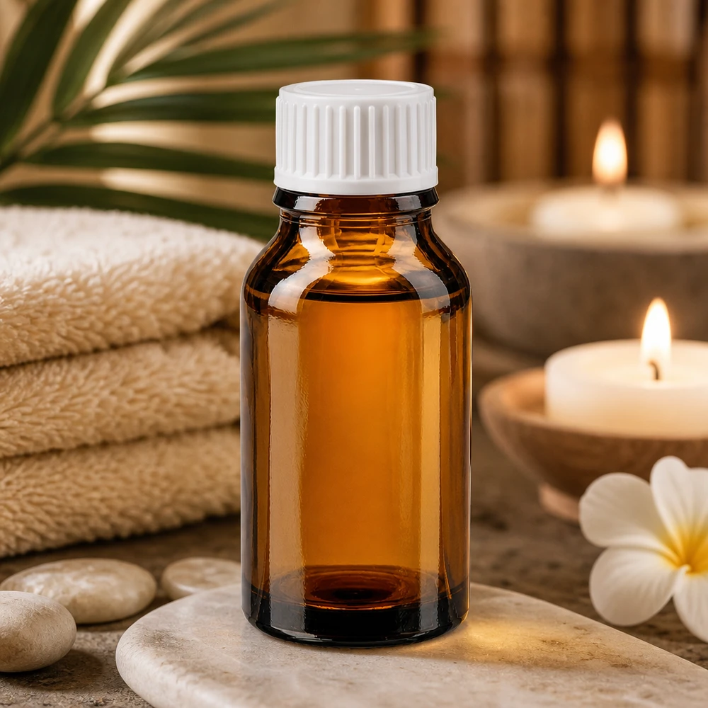 Flacone da farmacia color ambra da 15 ml con tappo a vite bianco, in un ambiente da spa con candele
