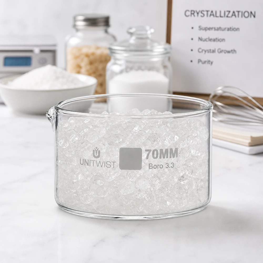 Piatto per cristallizzazione ø70mm in vetro borosilicato UNiTWIST Ciotola per cristallizzazione da 70 mm UNiTWIST Boro 3.3, riempita di cristalli bianchi su una superficie in marmo