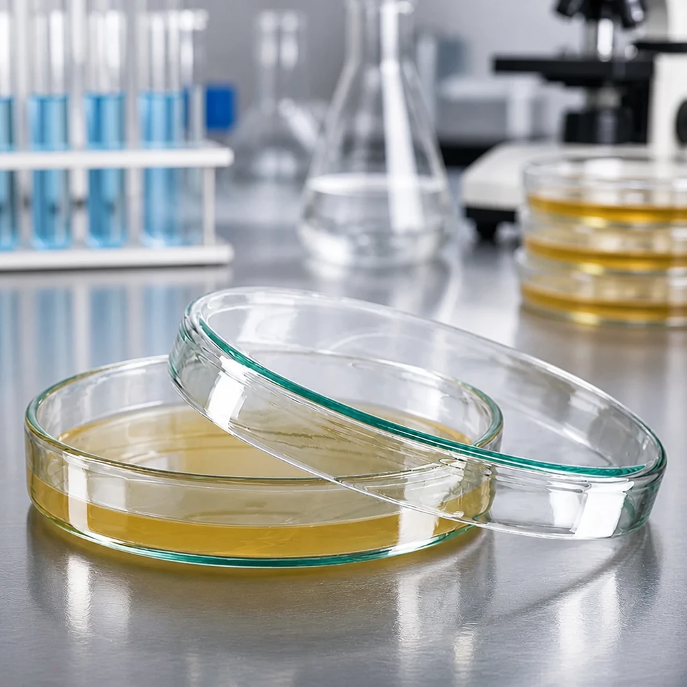 Piastra Petri 100x20mm in vetro Piastra di Petri in vetro da 100x20 mm con terreno di coltura agar giallo su tavolo da laboratorio in acciaio inossidabile
