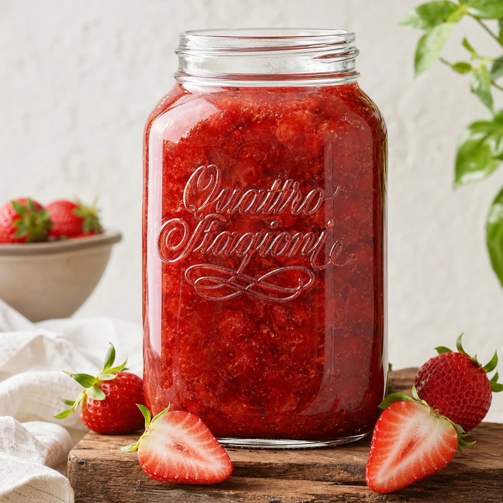 Vaso domestico "Quattro Stagioni" da 3800 ml Quattro Stagioni vaso domestico da 3800 ml riempito di marmellata di fragole rosse, circondato da fragole fresche su una tavola di legno