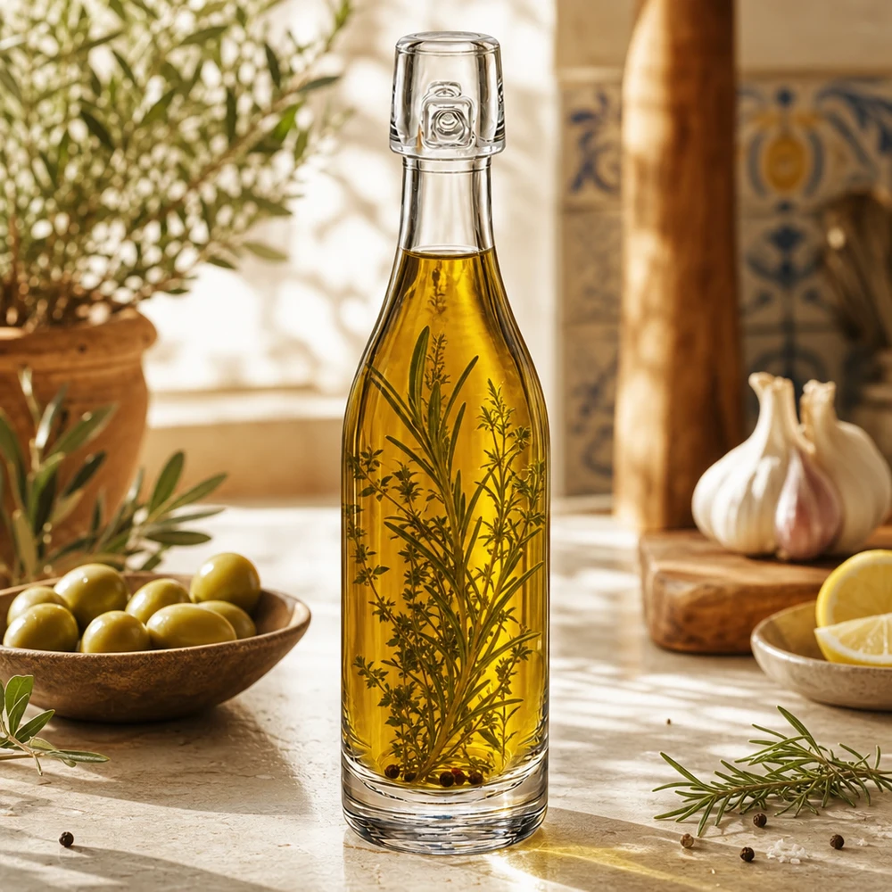 Bottiglia in vetro da 50 ml UNiTWIST con olio d'oliva ed erbe aromatiche Cucina mediterranea Olive Aglio Rosmarino Decorazione