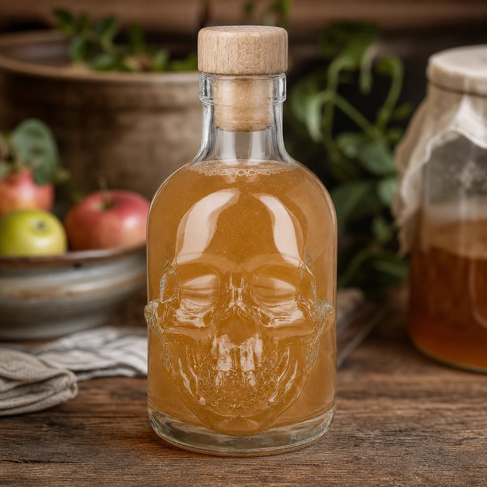 Bottiglia di vetro Jack Skull da 200 ml con riempimento ambrato in un ambiente di cucina con mele e vasi di erbe.