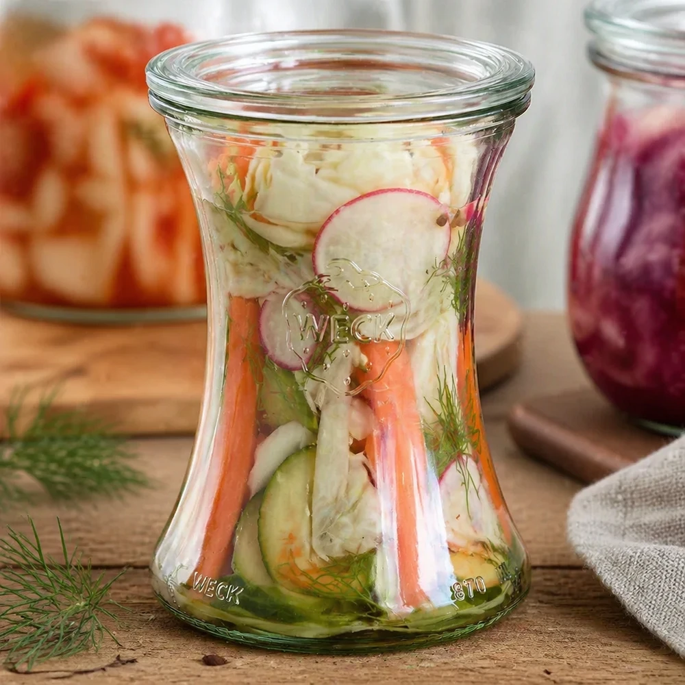 Barattolo da 370 ml con coperchio in vetro WECK RR80 Il barattolo per salumi WECK da 370 ml RR80, riempito con verdure sottaceto e aneto, mostra l'uso versatile per le conserve