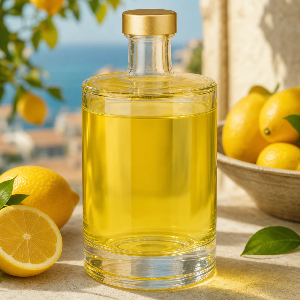 Bottiglia in vetro da 500 ml Sam + tappo a vite dorato UNiTWIST® Bottiglia di vetro da 500 ml Sam riempita di liquido giallo accanto a limoni Ambiente mediterraneo UNiTWIST tappo oro