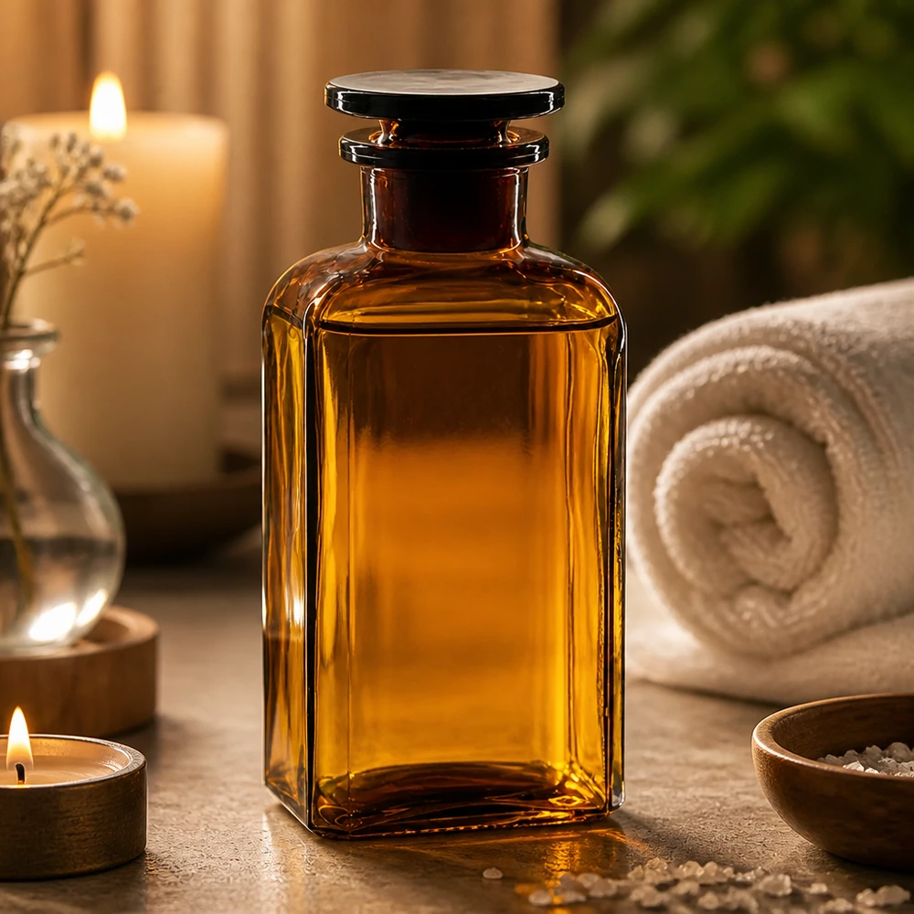 Bottiglia di vetro marrone da 250 ml, di forma quadrata, con tappo, per oli essenziali e aromaterapia