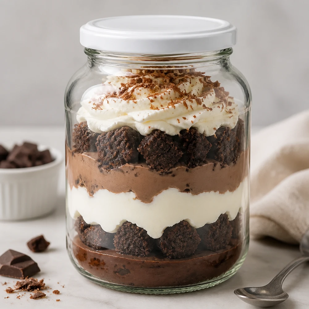 Vasetto ovale da 370 ml con coperchio BasicSeal bianco UNiTWIST Barattolo ovale UNiTWIST da 370 ml con coperchio BasicSeal bianco, ripieno di tiramisù al cioccolato, perfetto per le porzioni.