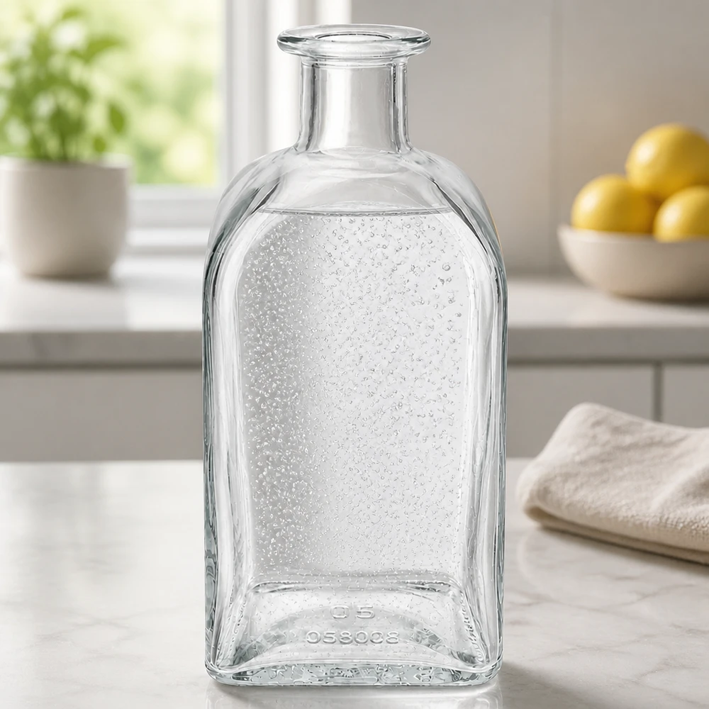Bottiglia di vetro Julia da 500 ml in cucina moderna su bancone di marmo con gocce d'acqua e luce naturale