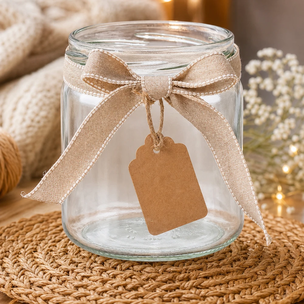 UNiTWIST Runda408 - Vaso rotondo capacità 408ml TO8 UNiTWIST Runda408 bicchiere rotondo 408ml TO82 decorativo con nastro ed etichetta come confezione regalo su un tappetino di vimini