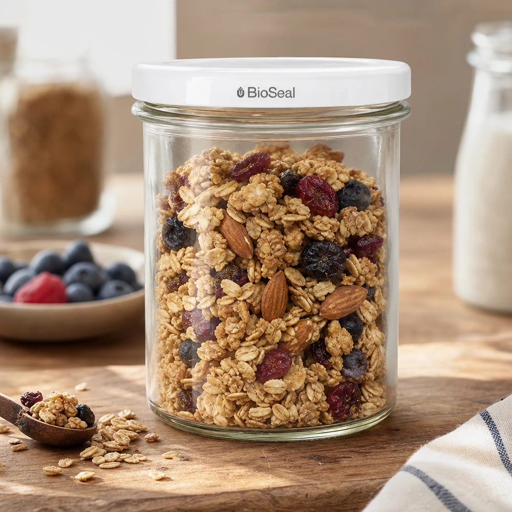 UNiTWIST Lintel350 con coperchio bianco TO82 BioSeal Il barattolo UNiTWIST Sturz350 riempito di muesli mostra il pratico uso in cucina del coperchio bianco TO82 BioSeal