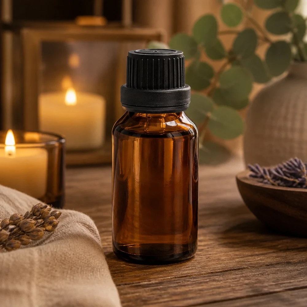 Bottiglia da farmacia marrone 15ml con tappo contagocce. Pr. 2mm nero OV Bottiglia di vetro marrone da 15 ml con tappo di sicurezza nero a prova di bambino, accanto a candele e lavanda