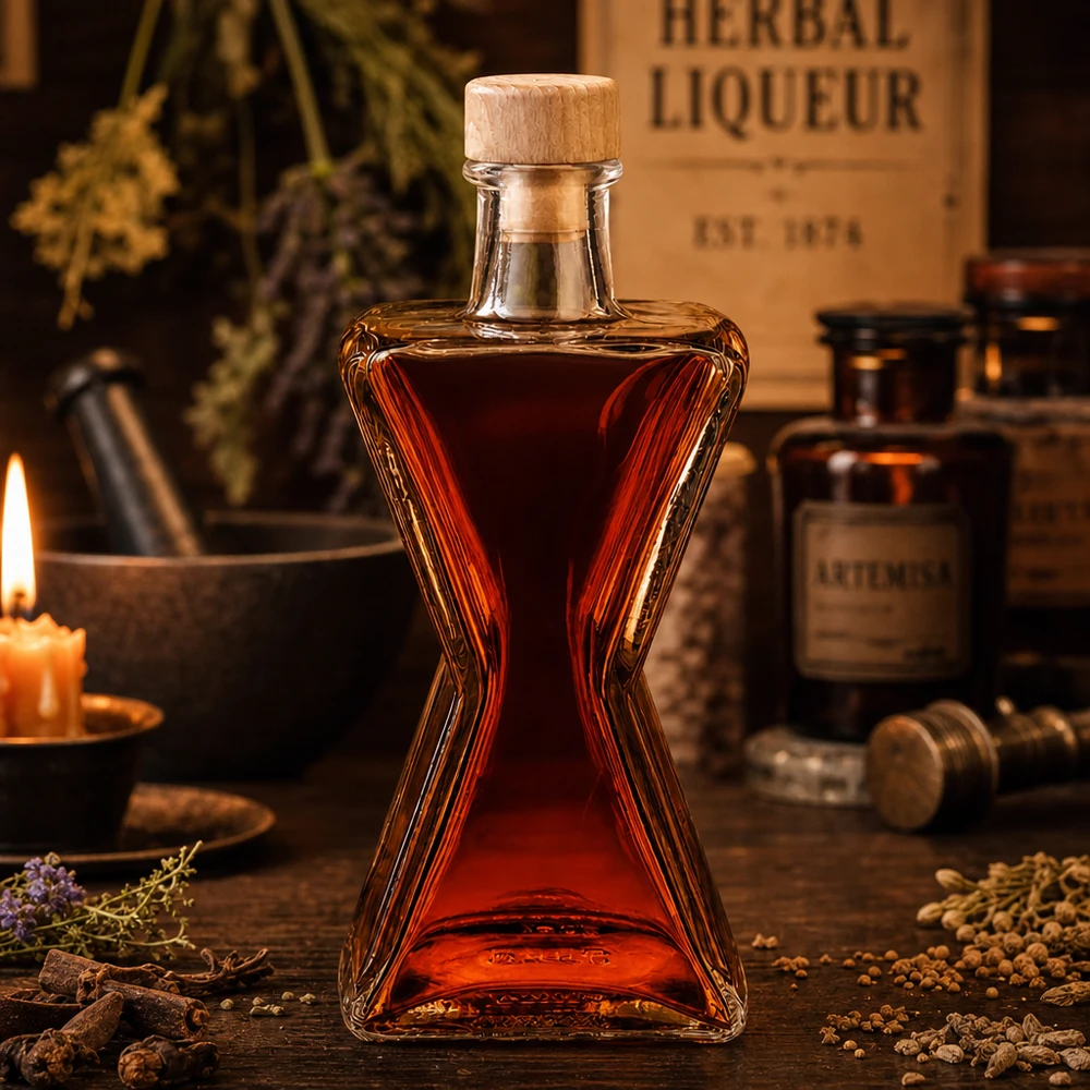 Bottiglia in vetro da 200 ml Star con tappo in sughero con impugnatura in legno UNiTWIST® Bottiglia in vetro Star da 200 ml riempita con liquore alle erbe rosso - tappo in legno UNiTWIST in una suggestiva ambientazione da speziale