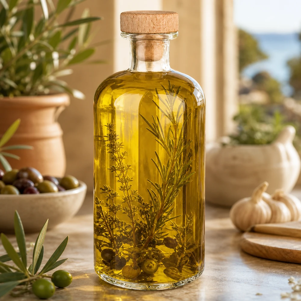 Flacone farmaceutico da 500 ml Flora con tappo in sughero con impugnatura in legno UNiTWIST® Bottiglia di vetro Flora 500ml riempita con olio alle erbe tra olive rosmarino e aglio Ambiente cucina mediterranea