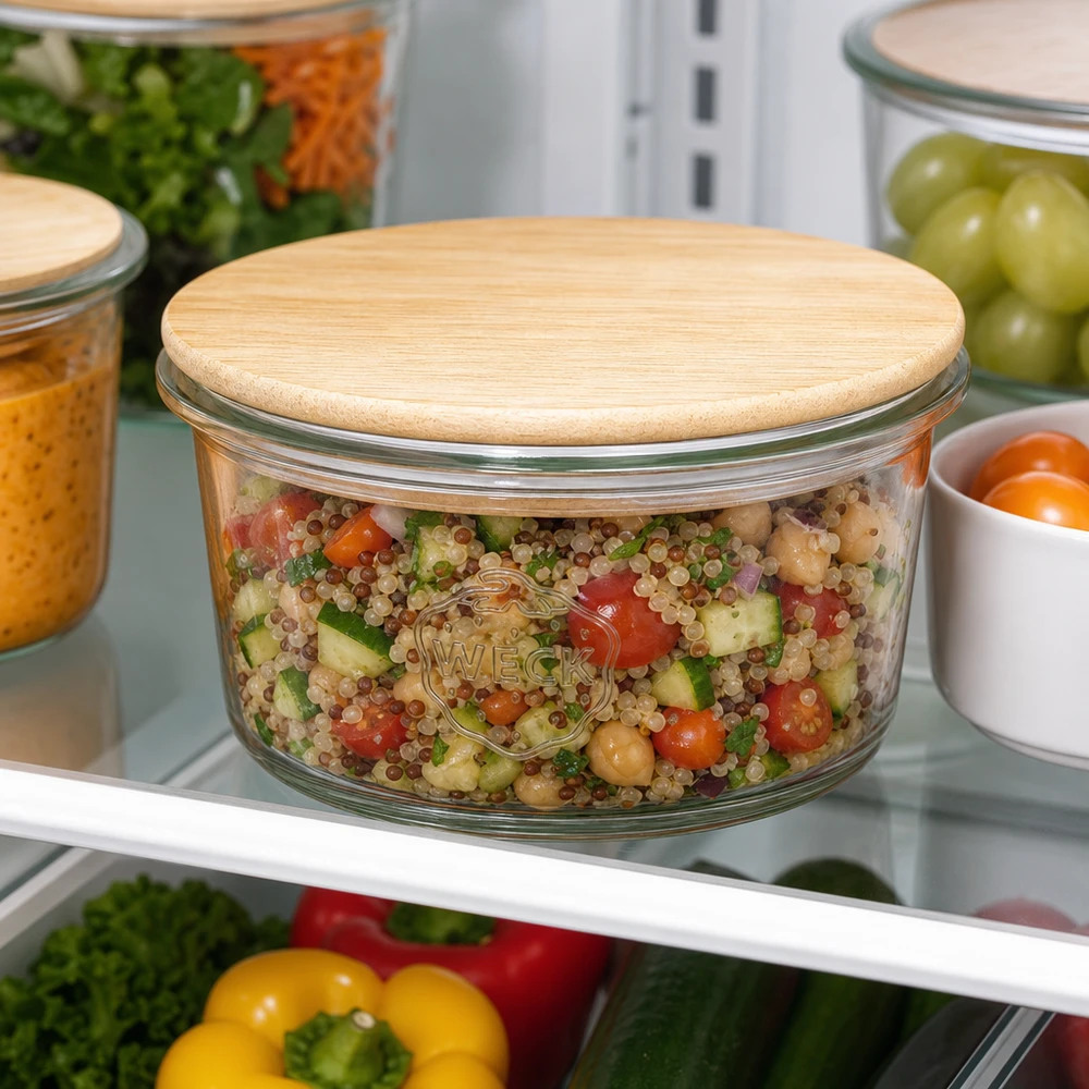 Mini barattolo da 50 ml WECK RR60 con coperchio in legno WECK Mini Sturzglas 50ml mit Quinoa-Salat gefüllt im Kühlschrank - perfekt für Meal Prep und gesunde Vorratshaltung