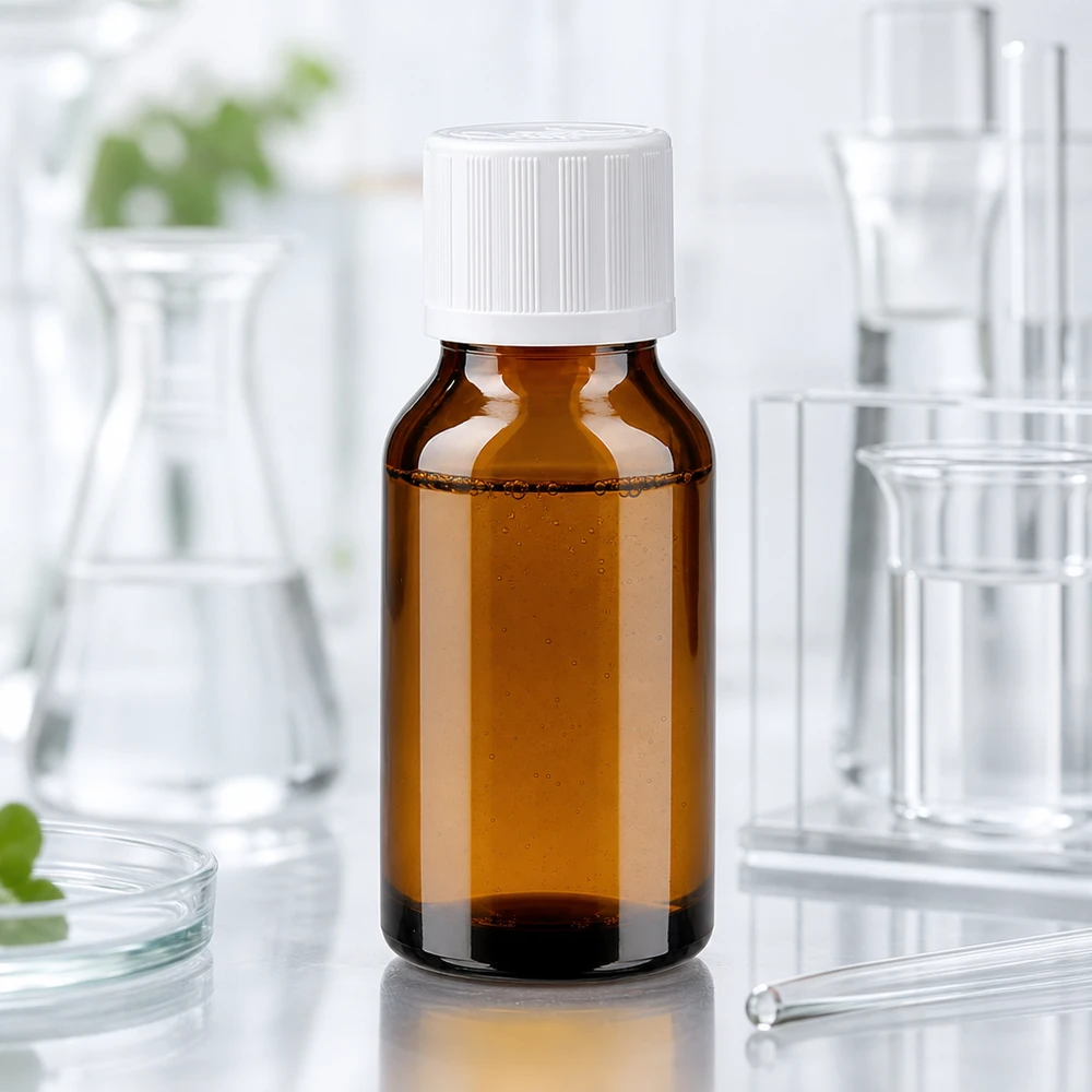 Bottiglia per farmacia marrone 15ml tappo a vite bianco KiSi St Flacone da farmacia da 15 ml in vetro ambrato con tappo di sicurezza per bambini bianco, su sfondo da laboratorio