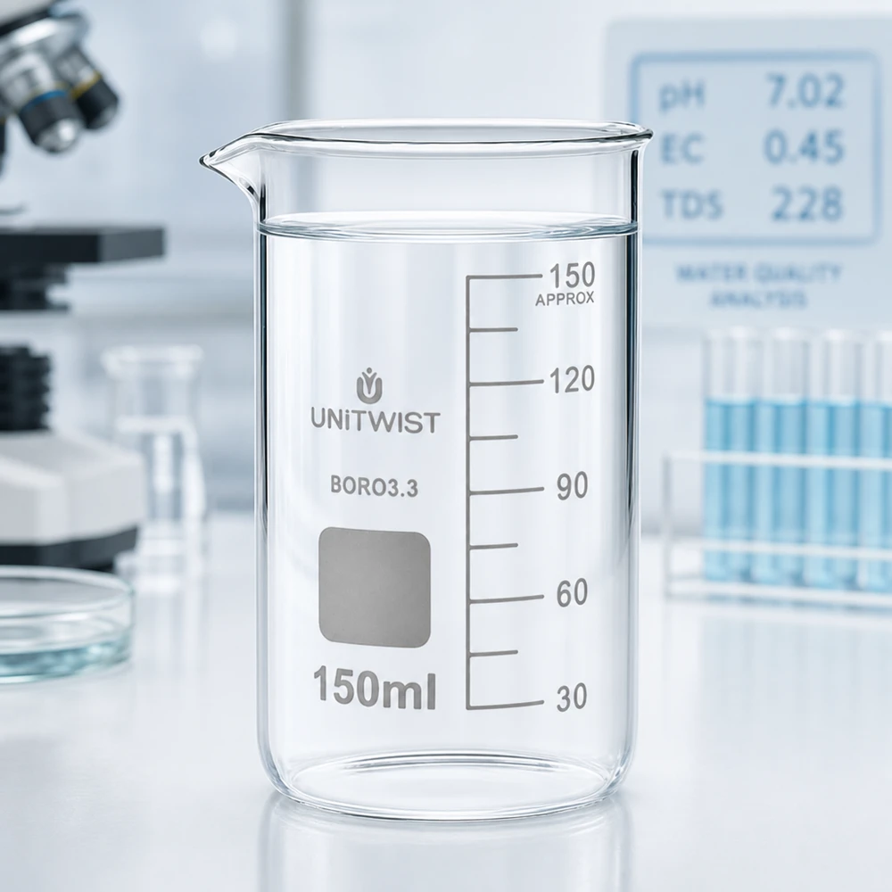 UNITWIST Bicchiere da laboratorio da 150 ml, forma alta, borosilicato 3.3, con acqua limpida e scala di misurazione