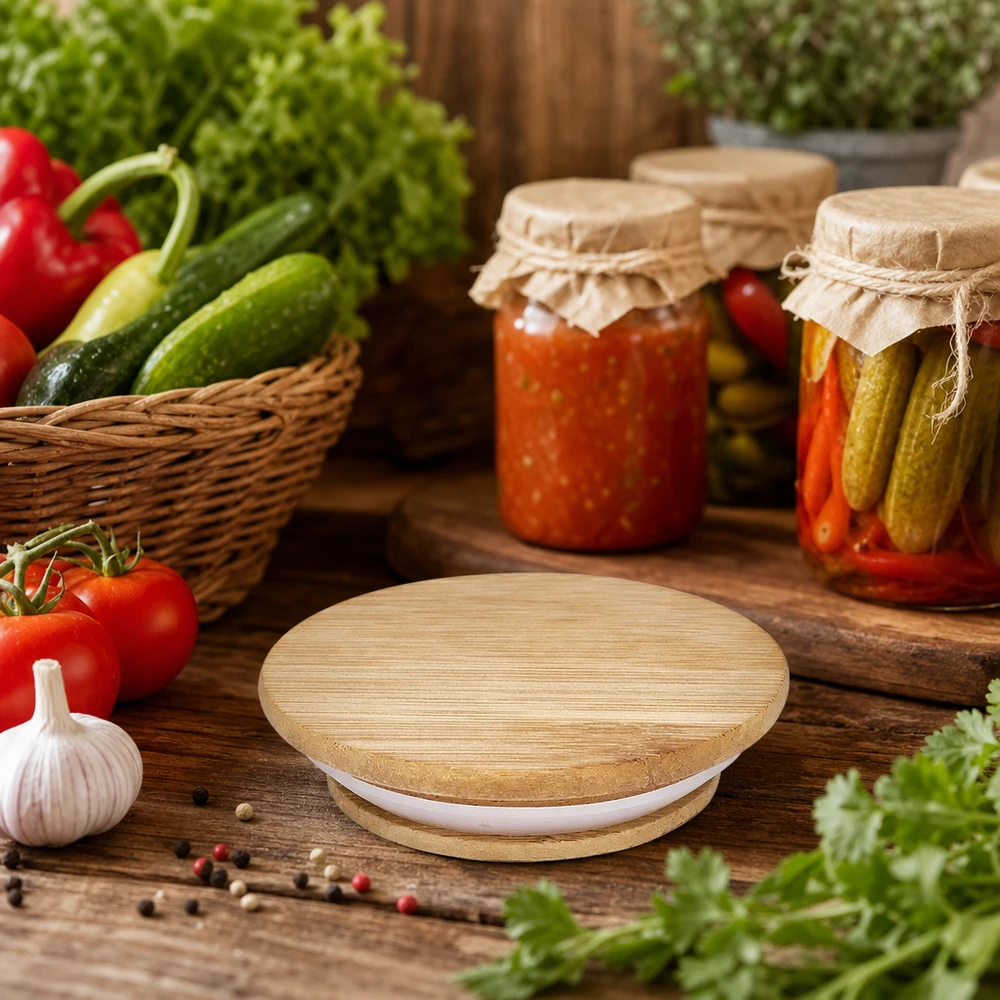 Coperchio in legno WECK RR60 in un ambiente di cucina rustica con verdure sottaceto e ingredienti freschi su un tavolo di legno