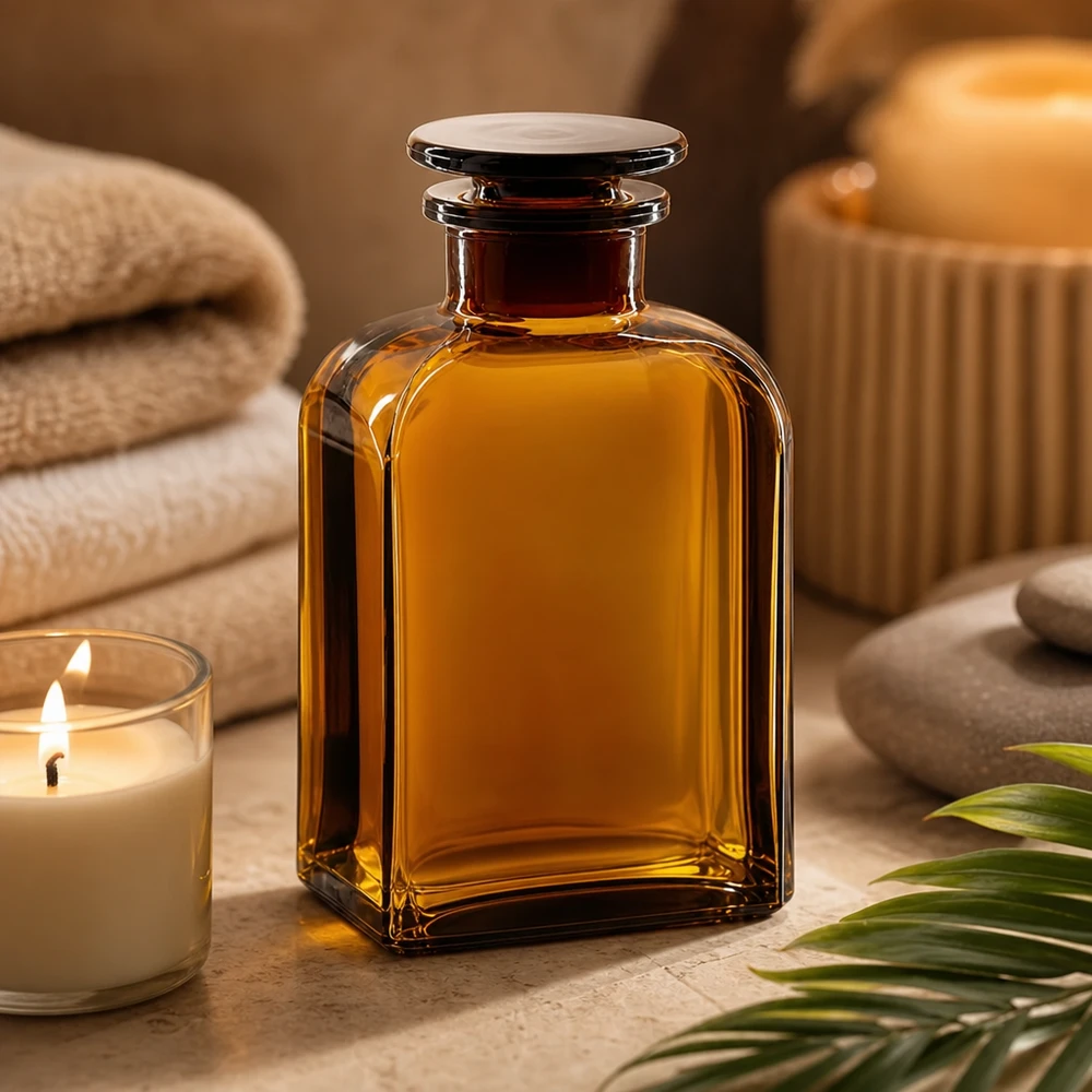 Bottiglia quadrata 500ml marrone a collo largo con tappo in vetro Flacone marrone a collo largo da 500 ml in vetro da farmacia con tappo rotondo in vetro per oli da massaggio