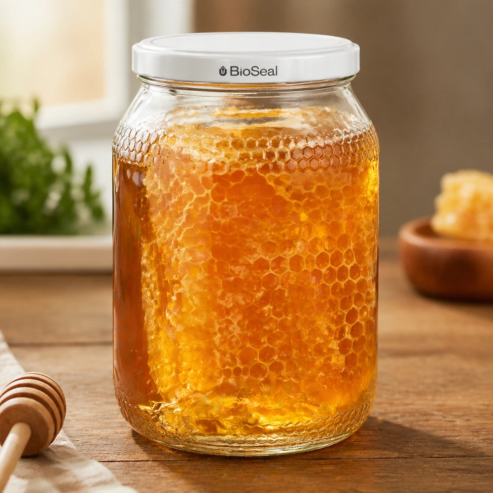 Vasetto per miele da 1260 g con capsula bianca BioSeal UNiTWIST Vasetto di miele da 900 ml con coperchio BioSeal riempito di favo sul tavolo di legno accanto al cucchiaio da miele nella cucina calda