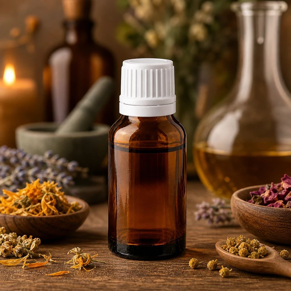 Piccolo flacone in vetro ambrato da 30 ml con tappo di sicurezza bianco, contenente erbe medicinali essiccate