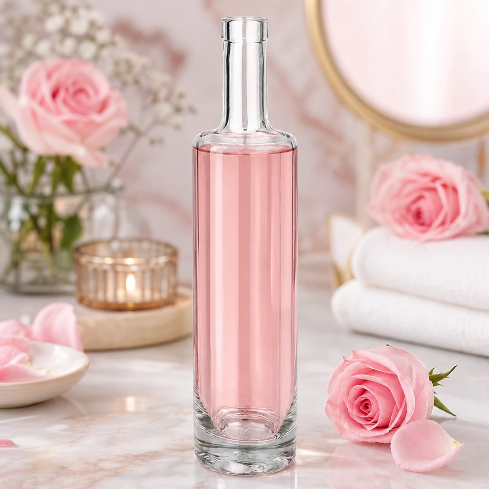 Bottiglia in vetro da 500 ml Lina senza tappo UNiTWIST® Bottiglia in vetro Lina da 500 ml con contenuto rosa in un'atmosfera romantica da spa con rose rosa e decorazioni benessere