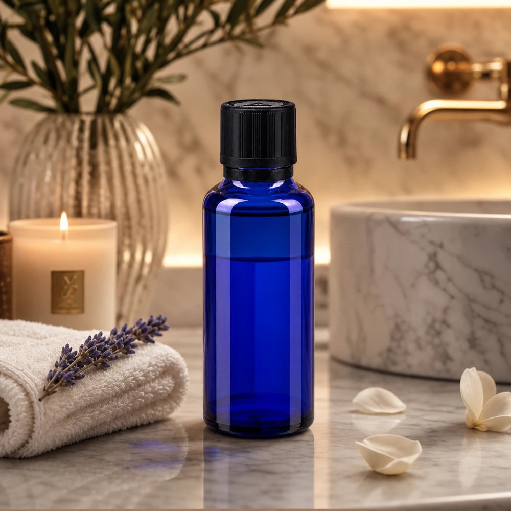 Contagocce blu da 30 ml. OV KiSi Bli nero/1mm ApoGlas Flacone di vetro blu da 30 ml con tappo di sicurezza nero su una superficie di marmo, accanto a petali bianchi